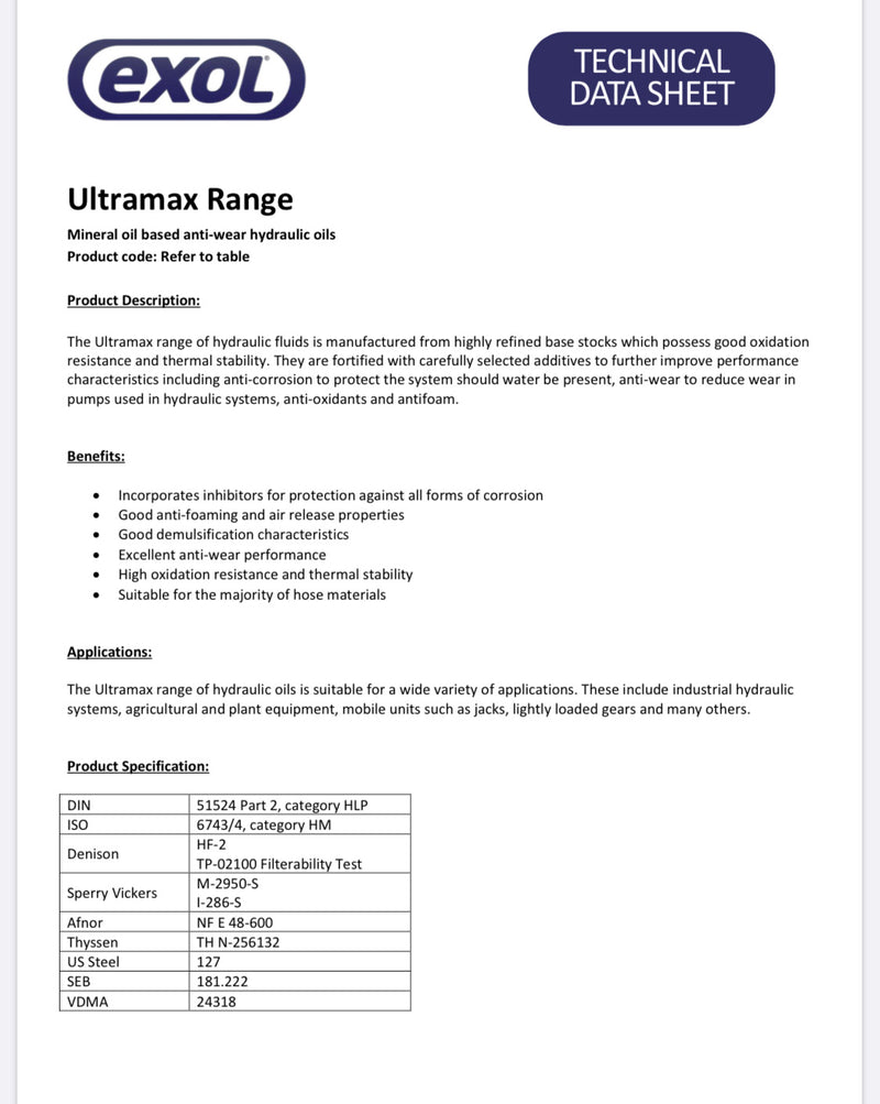 Exol Ultramax 68 Hydraulic Oil
