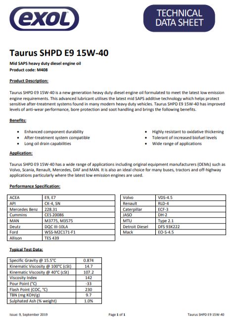 Exol Taurus SHPD E9 15w-40